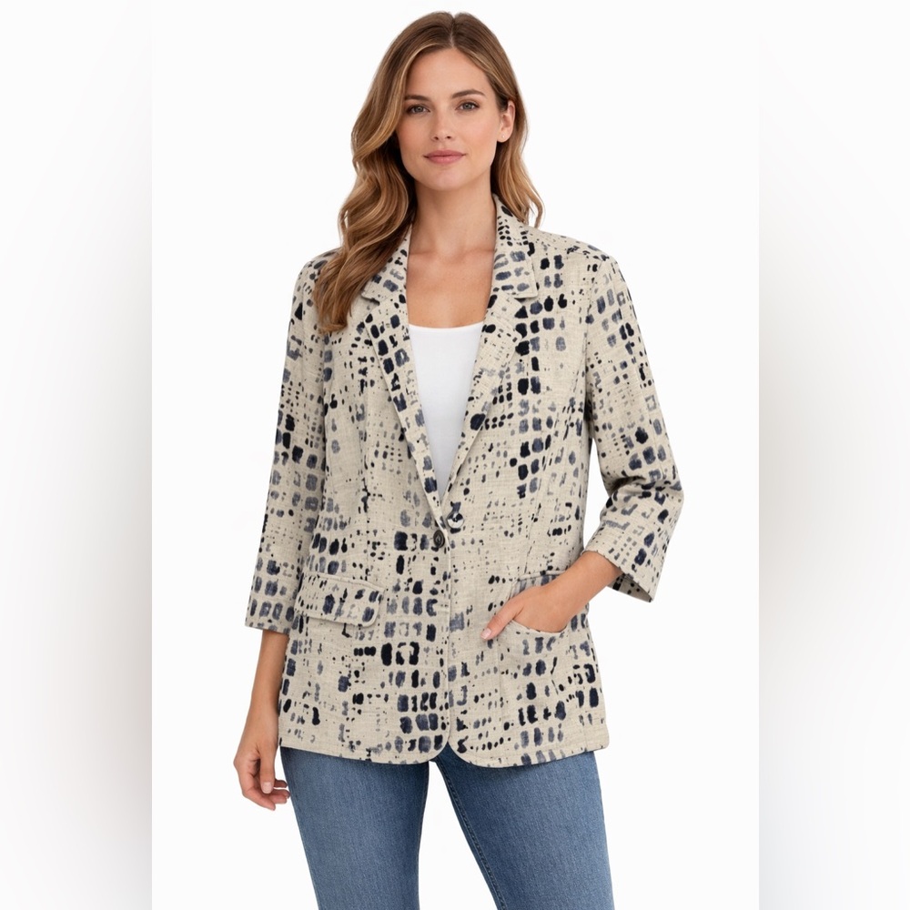 Coldwater Creek Printed Blazer Size 12 Beige Black Lightweight Career Jacket